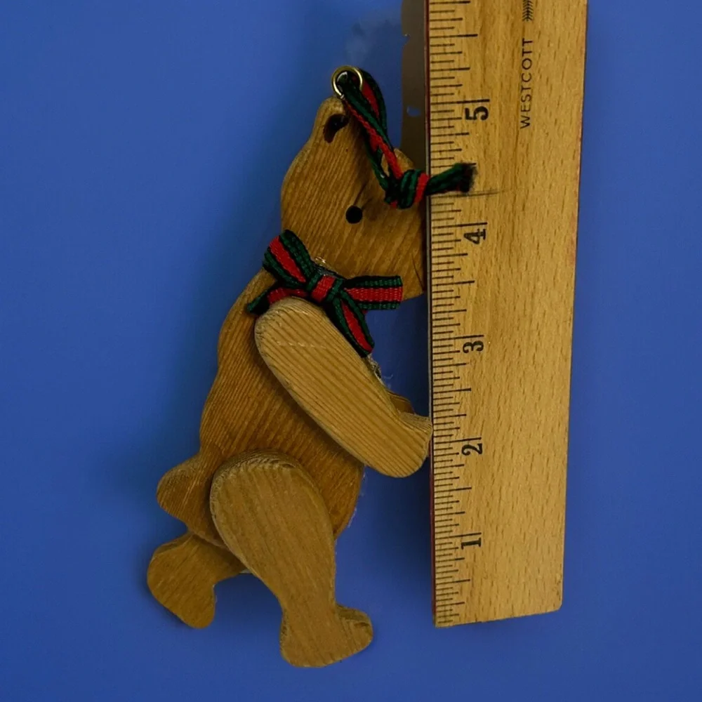 Vintage Wood Jointed Teddy Bear Posable Ornament 1985 Midwest 5”